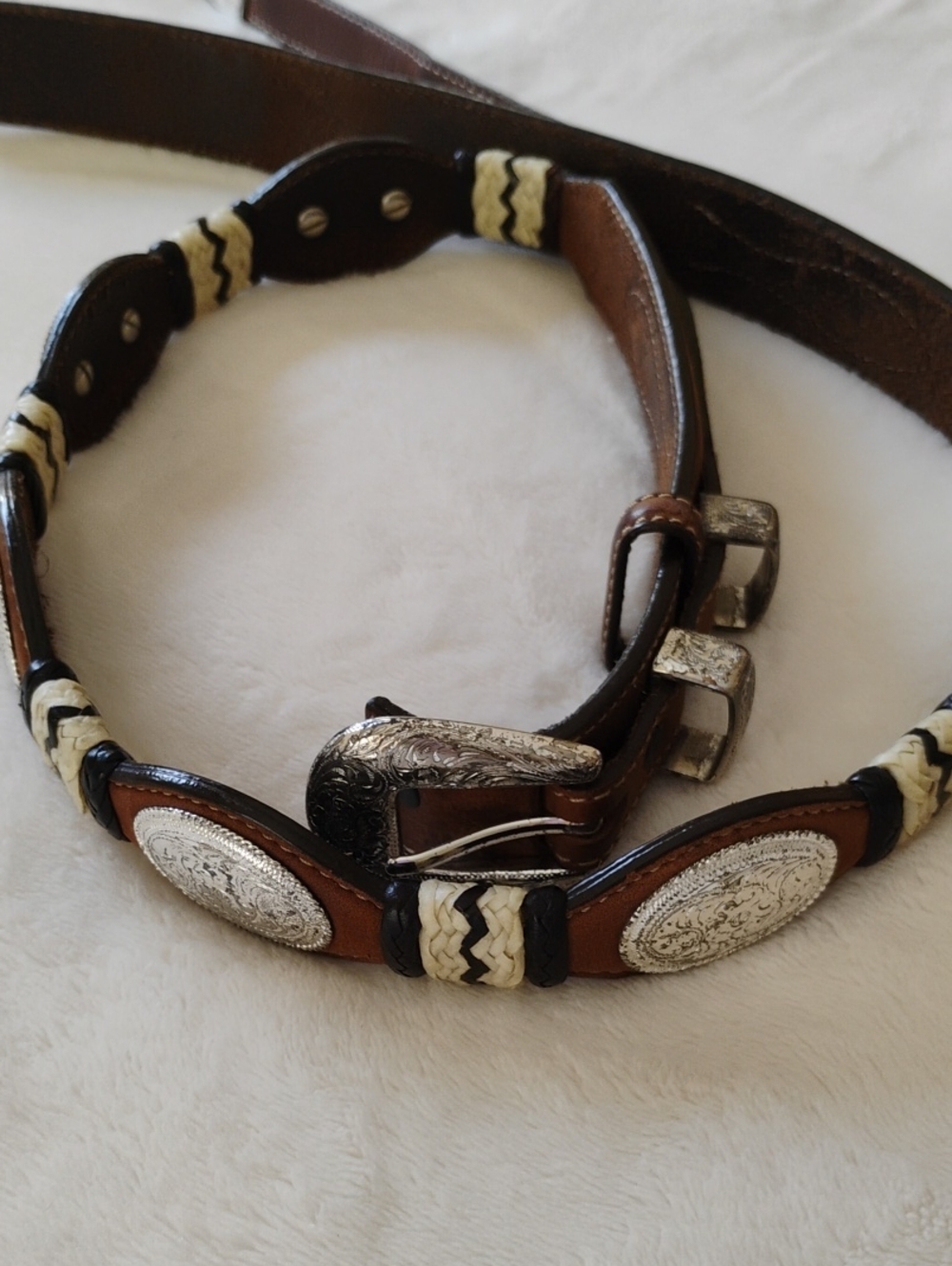 Women's Western  Leather Belt with Silver Look Conchos and Cream Braided Accents